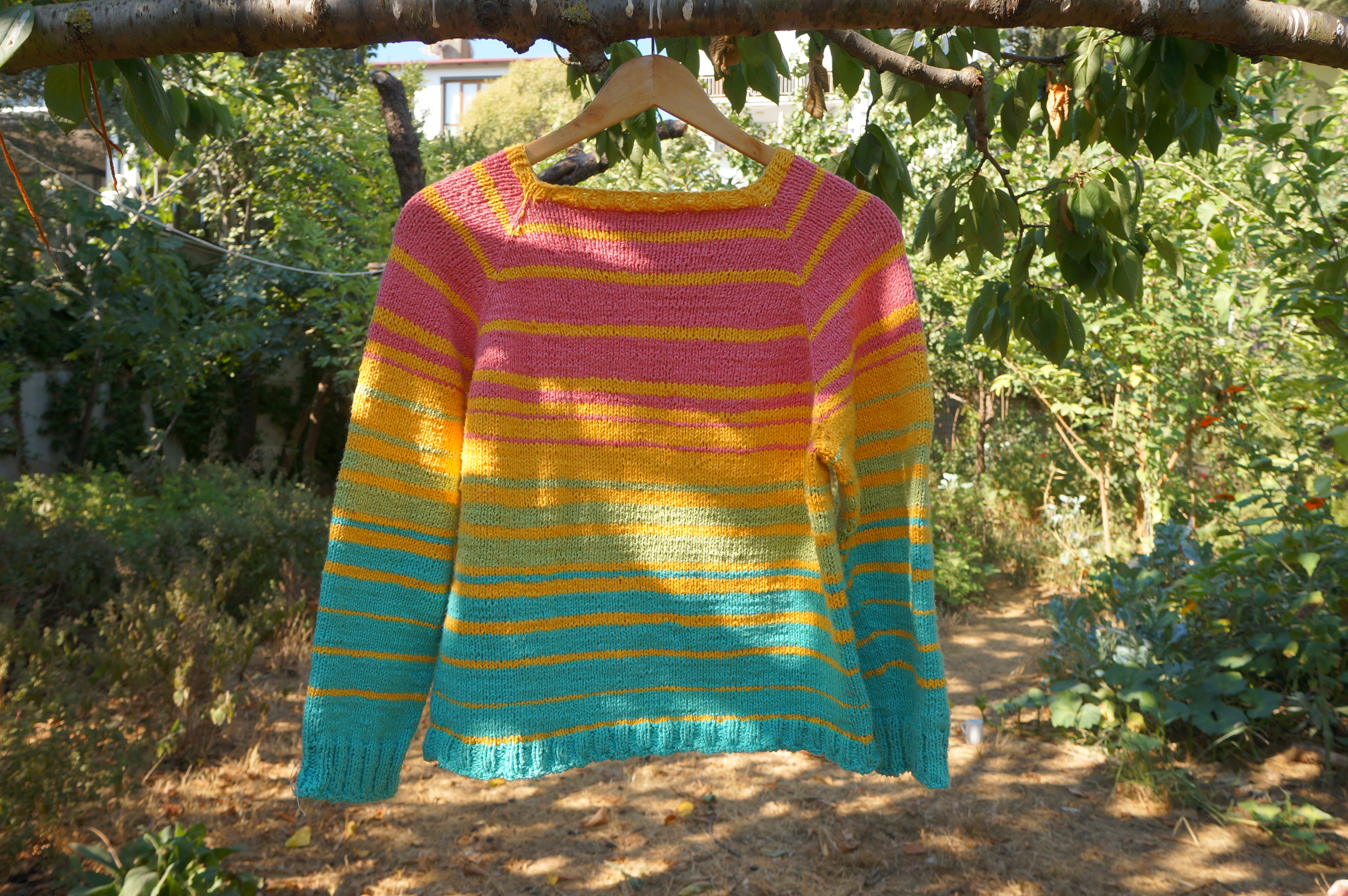 Hand knitted top down raglan sweater with cotton yarn